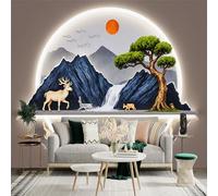 Custom Size Wall Sticker Mural， Deer and Mountain Landscape with Waterfall， Tree and Sunset Reflection， for wall Decoration， peelandstick wall Decals.