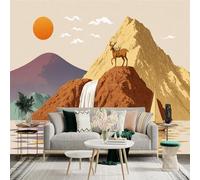 Custom Size Wall Sticker Mural， Deer on Mountain with Waterfall， Sunset and Sailboat Landscape， for wall Decoration， peelandstick wall Decals.