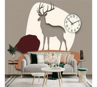 Custom Size Wall Sticker Mural， Deer Silhouette with Clock and Abstract Mountain Shapes， for wall Decoration， peelandstick wall Decals.