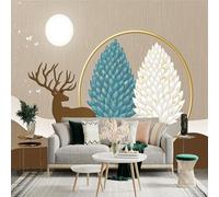 Custom Size Wall Sticker Mural， Deer with Abstract Blue and White Trees Under Moonlight， for wall Decoration， peelandstick wall Decals.