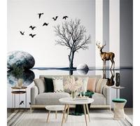 Custom Size Wall Sticker Mural， Deer with Bare Tree and Flying Birds， Minimalist Nature Reflection Art， for wall Decoration， peelandstick wall Decals.