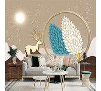 Custom Size Wall Sticker Mural， Deer with Moon and Feathers in Mountain Landscape， for wall Decoration， peelandstick wall Decals.