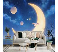 Custom Size Wall Sticker Mural， Dreamy Night Sky with Crescent Moon， Deer and Flying Bird， for wall Decoration， peelandstick wall Decals.