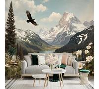 Custom Size Wall Sticker Mural，Eagle Flying Over Lake and Snowy Mountains with Wildflowers，Removable SelfAdhesive Wall Fabric Large Photo Wallpaper for Living Room Bedroom