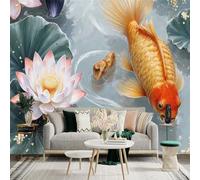 Custom Size Wall Sticker Mural， Elegant Goldfish Swimming in Pond， Pink Lotus Flowers and Green Lily Pads， Zen Art Style， for wall Decoration， peelandstick wall Decals.