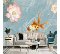 Custom Size Wall Sticker Mural， Elegant Pink Lotus Flowers， Swimming Goldfish， Serene Rippling Water， Abstract Oriental Art， for wall Decoration， peelandstick wall Decals.