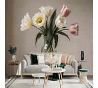 Custom Size Wall Sticker Mural， Elegant Tulip Bouquet， Soft Pastel Floral Art， Still Life Glass Vase， Vintage Tablecloth Style， for wall Decoration， peelandstick wall Decals.