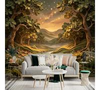 Custom Size Wall Sticker Mural， Enchanted Forest Landscape， Glowing Sunset River， Rolling Green Hills， Shimmering Starlight， for wall Decoration， peelandstick wall Decals.