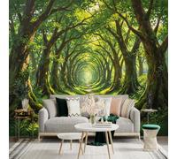 Custom Size Wall Sticker Mural， Enchanted Forest Path， Sunlit Woodland Tunnel， Lush Green Trees， Peaceful Nature Scenery， for wall Decoration， peelandstick wall Decals.