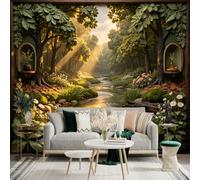 Custom Size Wall Sticker Mural， Enchanted Forest Stream with Sunbeams， Lush Green Trees， Serene River Scenery， for wall Decoration， peelandstick wall Decals.