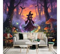 Custom Size Wall Sticker Mural， Enchanted Forest Witch with Black Cat， Glowing Magic Circle and Mushrooms， for wall Decoration， peelandstick wall Decals.