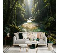 Custom Size Wall Sticker Mural， Enchanted Forest with Crystal River， Sunbeams Filtering Through Ancient Trees， Serene Nature Scenery， for wall Decoration， peelandstick wall Decals.