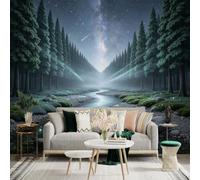 Custom Size Wall Sticker Mural， Enchanted Forest with Flowing Creek， Milky Way Galaxy， Glowing Mist and Night Landscape， for wall Decoration， peelandstick wall Decals.