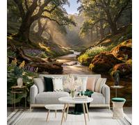 Custom Size Wall Sticker Mural， Enchanted Forest with Flowing Creek， Sunlit Woodland Scenery， Wildflowers and Mossy Stones， for wall Decoration， peelandstick wall Decals.
