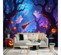 Custom Size Wall Sticker Mural， Enchanted Forest with Flying Ghosts， Magical Floating Broomstick， Glowing Jackolanterns， for wall Decoration， peelandstick wall Decals.