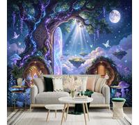 Custom Size Wall Sticker Mural， Enchanted Forest with Glowing Portal， Magical Tree and Floating Islands， for wall Decoration， peelandstick wall Decals.