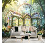 Custom Size Wall Sticker Mural， Enchanted Glass Conservatory， Botanical Garden with Stained Glass Windows， Magical Forest and Glowing Crystals， for wall Decoration， peelandstick wall Decals.