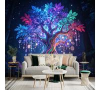 Custom Size Wall Sticker Mural， Enchanted Glowing Tree， Magical Colorful Forest， Fairy Tale Night Scene， for wall Decoration， peelandstick wall Decals.