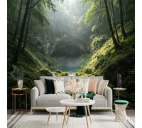 Custom Size Wall Sticker Mural， Enchanted Misty Forest Cave， Crystal Clear River， Sunlit Lush Greenery， Serene Nature Landscape， for wall Decoration， peelandstick wall Decals.