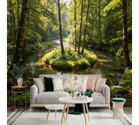 Custom Size Wall Sticker Mural， Enchanted River Island， Lush Forest Landscape， Sunlight Through Trees， Natural Serenity， for wall Decoration， peelandstick wall Decals.