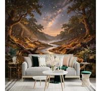 Custom Size Wall Sticker Mural， Enchanted River Landscape， Milky Way Night Sky， Glowing Fireflies， Misty Forest Scenery， for wall Decoration， peelandstick wall Decals.