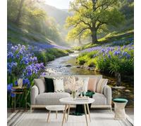 Custom Size Wall Sticker Mural， Enchanted River with Purple Flowers， Sunlit Spring Forest Landscape， Serene Nature Scenery， for wall Decoration， peelandstick wall Decals.
