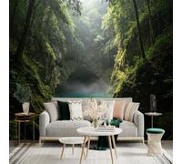Custom Size Wall Sticker Mural， Enchanted Tropical Forest Cave， Mysterious Foggy Lagoon， Lush Mossy Cliffside， Serene Nature Scenery， for wall Decoration， peelandstick wall Decals.