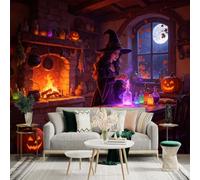 Custom Size Wall Sticker Mural， Enchanted Witch at Fireplace， Glowing Potions and Jackolanterns， Mystical Autumn Evening， for wall Decoration， peelandstick wall Decals.