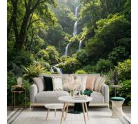 Custom Size Wall Sticker Mural， Enchanting Tropical Forest Waterfall， Lush Mossy Stream Landscape， Vibrant Botanical Scenery， for wall Decoration， peelandstick wall Decals.