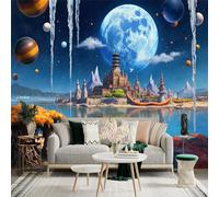 Custom Size Wall Sticker Mural， Fantasy Castle Under Giant Moon， Cosmic Planets and Floating Mountains， Celestial Landscape， for wall Decoration， peelandstick wall Decals.
