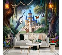 Custom Size Wall Sticker Mural， Fantasy Castle with Deer Butterfly Forest Path and Lanterns， for wall Decoration， peelandstick wall Decals.