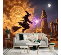 Custom Size Wall Sticker Mural， Fantasy Witch Flying on Broomstick， Ancient Egyptian Desert Ruins， Glowing Magic Circle， for wall Decoration， peelandstick wall Decals.