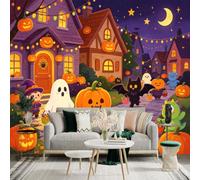 Custom Size Wall Sticker Mural， Festive Holiday Scene， Pumpkins and Ghosts， Whimsical Night Town， for wall Decoration， peelandstick wall Decals.