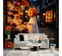 Custom Size Wall Sticker Mural， Festive JackoLantern Ghost， Candy Stall in Old Town， Holiday Celebration Decor， for wall Decoration， peelandstick wall Decals.