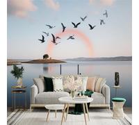 Custom Size Wall Sticker Mural， Flying Birds Over Calm Lake and Wooden Pier with Rainbow， for wall Decoration， peelandstick wall Decals.