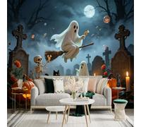 Custom Size Wall Sticker Mural， Flying Ghost on Broomstick， Skeleton with Black Cat， Jack O Lanterns in Cemetery， for wall Decoration， peelandstick wall Decals.