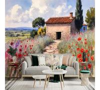 Custom Size Wall Sticker Mural， French Countryside Cottage with Poppy Field， for wall Decoration， peelandstick wall Decals.