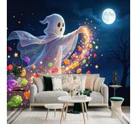 Custom Size Wall Sticker Mural， Friendly Ghost Spreading Magical Candies， Full Moon Night Sky， for wall Decoration， peelandstick wall Decals.