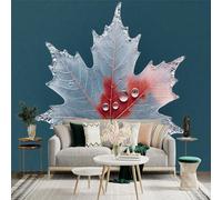 Custom Size Wall Sticker Mural， Frozen Maple Leaf with Water Droplets， Transparent Veins， Red Hue， SelfAdhesive Wall Art Decor for Office