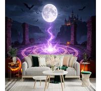 Custom Size Wall Sticker Mural， Full Moon with Magical Purple Light， Ancient Castle and Glowing Pumpkins， for wall Decoration， peelandstick wall Decals.