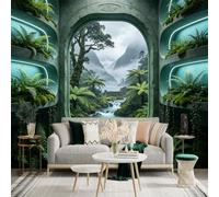 Custom Size Wall Sticker Mural， Futuristic Jungle View with Waterfall and Misty Mountains， for wall Decoration， peelandstick wall Decals.