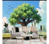 Custom Size Wall Sticker Mural，Giant Ancient Oak Tree with Flying Birds and Cityscape Background，Removable SelfAdhesive Wall Fabric Large Photo Wallpaper for Living Room Bedroom