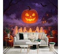 Custom Size Wall Sticker Mural， Giant Glowing Jacko'lantern， Cute Little Ghosts Gathering， Spooky Autumn Night， Haunted House Scene， for wall Decoration， peelandstick wall Decals.