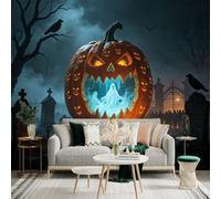 Custom Size Wall Sticker Mural， Giant Glowing Pumpkin， Ethereal Spirits in Cemetery， Dark Mist with Ravens， for wall Decoration， peelandstick wall Decals.
