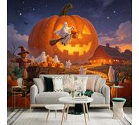 Custom Size Wall Sticker Mural， Giant Glowing Pumpkin， Flying Ghost on Broomstick， Autumn Harvest Farm， for wall Decoration， peelandstick wall Decals.