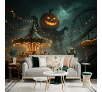 Custom Size Wall Sticker Mural， Giant Glowing Pumpkin， Haunted Carnival， Spooky MerryGoRound， Dark Fantasy Atmosphere， for wall Decoration， peelandstick wall Decals.