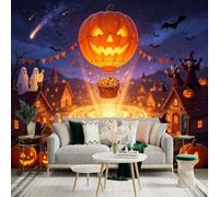 Custom Size Wall Sticker Mural， Giant Glowing Pumpkin Hot Air Balloon， Magical Night Scene with Silhouettes， Festive Autumn Atmosphere， for wall Decoration， peelandstick wall Decals.