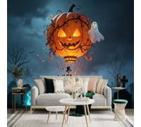 Custom Size Wall Sticker Mural， Giant Glowing Pumpkin Hot Air Balloon， Skeleton in Top Hat， Flying Over Misty Cemetery， for wall Decoration， peelandstick wall Decals.
