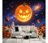 Custom Size Wall Sticker Mural， Giant Glowing Pumpkin Moon， Astronaut in Outer Space， Galaxy Landscape， Festive Night Sky， for wall Decoration， peelandstick wall Decals.