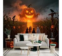 Custom Size Wall Sticker Mural， Giant Glowing Pumpkin， Spooky Cornfield Path， Dark Misty Evening， Eerie Autumn Night， for wall Decoration， peelandstick wall Decals.